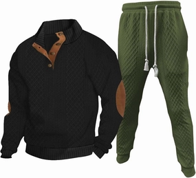 Mens 2 Piece Sweatsuits Sets Stand Collar Button Elbow Patch Long Sleeve Sweatshirts Pants Outdoor Loose Sport Suits
