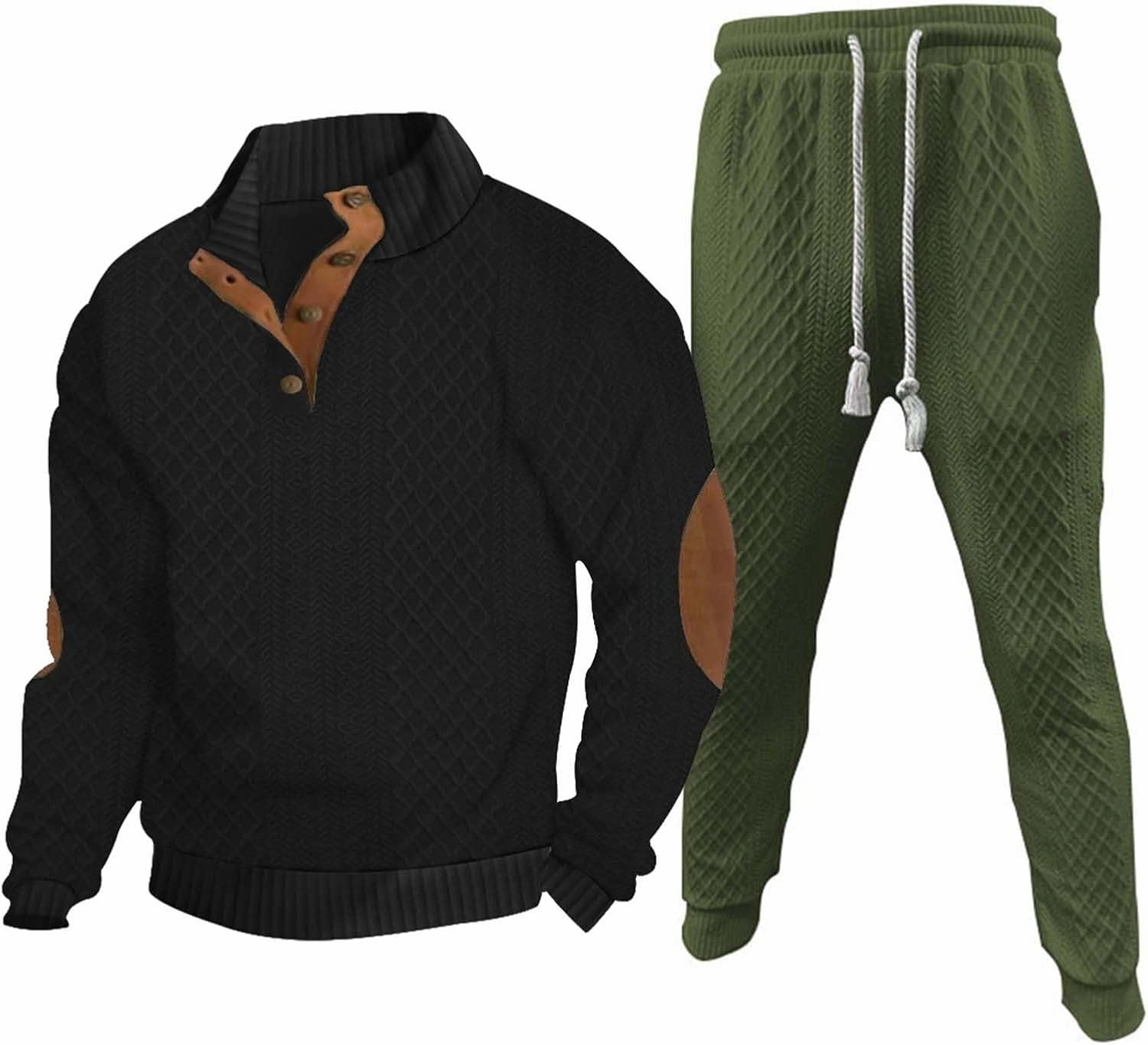 Mens 2 Piece Sweatsuits Sets Stand Collar Button Elbow Patch Long Sleeve Sweatshirts Pants Outdoor Loose Sport Suits