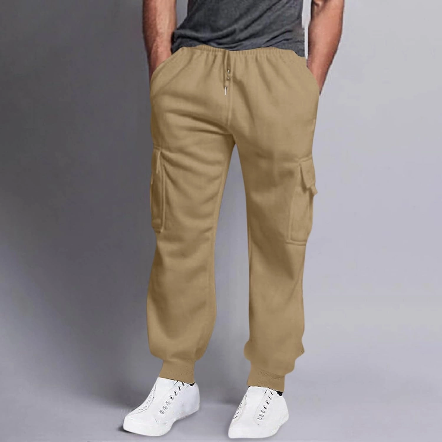Mens Cargo Sweatpants Relaxed Cotton Simple Solid Color Leisure High Street Elastic Lace Up Pants Men's Cargo
