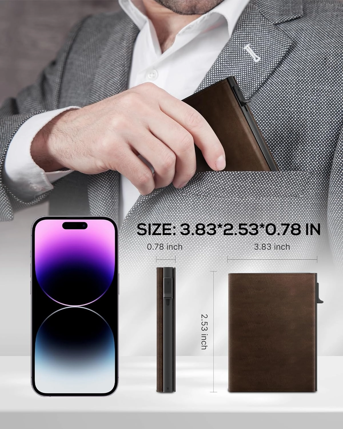 Mens Wallet Card Holder - Smart Wallet for Men, Pop Up Card Case, Top Grain Leather, RFID Blocking, Slim, Minimalist, Ultra-Thin, Front Pocket, 12 Card Capacity | ID Window | Cash Slot (Brown)