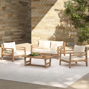 Merax Outdoor Acacia Furniture Set, 4 Pieces Patio Sectional Conversation Chat 4-Seat Sofa Set with Coffee Table and Club Chairs for Garden, Backyard, Balcony, Light Teak Finish, Beige Cushion