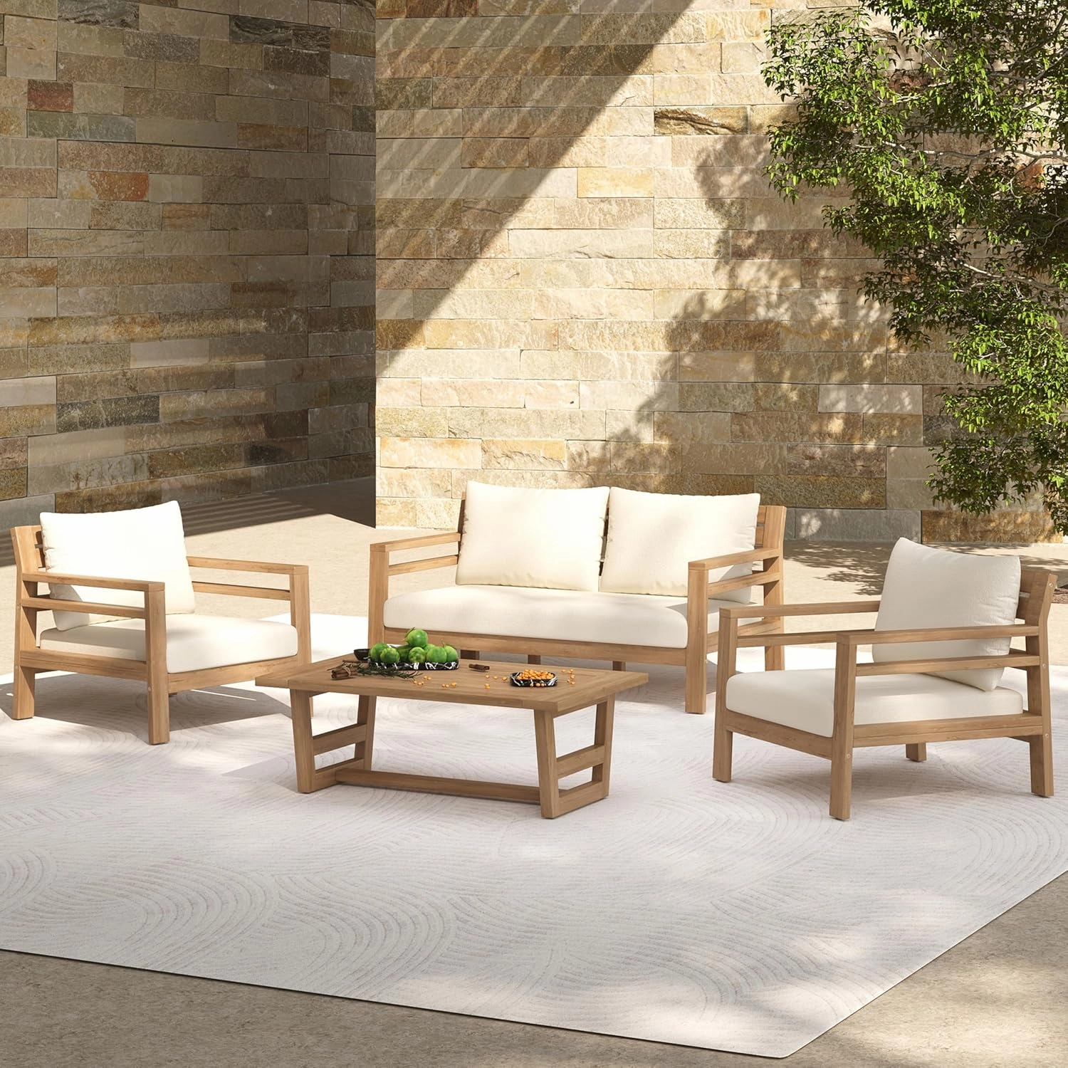 Merax Outdoor Acacia Furniture Set, 4 Pieces Patio Sectional Conversation Chat 4-Seat Sofa Set with Coffee Table and Club Chairs for Garden, Backyard, Balcony, Light Teak Finish, Beige Cushion