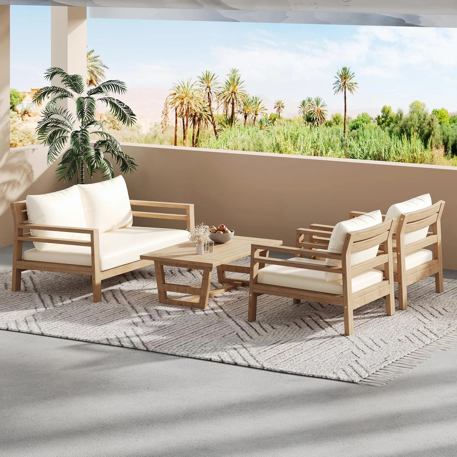 Merax Outdoor Acacia Furniture Set, 4 Pieces Patio Sectional Conversation Chat 4-Seat Sofa Set with Coffee Table and Club Chairs for Garden, Backyard, Balcony, Light Teak Finish, Beige Cushion