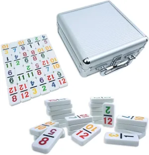 Mexican Train Dominoes Set with Numbers - Double 12 Colored Number Dominoes - Includes 91 Tiles with 9 Trains, Plastic Pieces and Aluminum Case for 2-8 Players Ages 8 