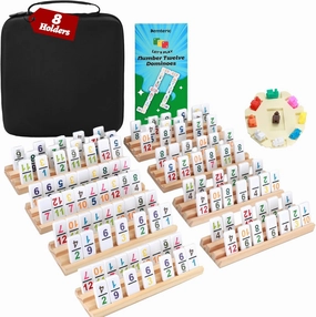 Mexican Train Dominoes Set Double 12 Colored Number Dominoes Set with 8 Wooden Racks Colorful 91 Tiles with Portable Travel Case Classic Board Game for Adults and Kids Family