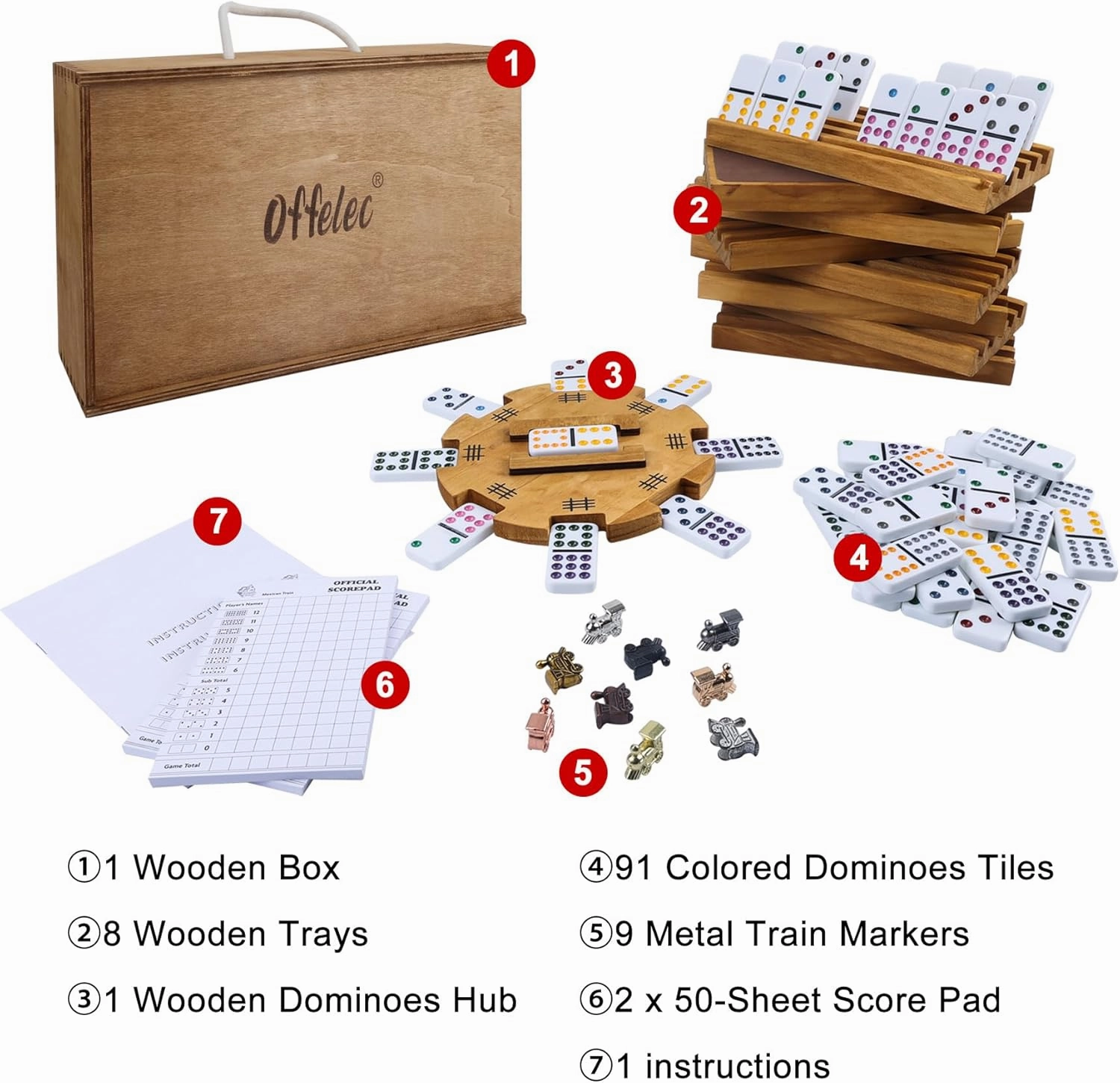 Mexican Train Double 12 Dominoes Set with Wooden Box, Domino Tile Board Games with 8pcs Trays, 9 Markers, 91 Tiles, 2 Scoreboards and Hub - Dominos Set for Adults Kids and Family Game Night