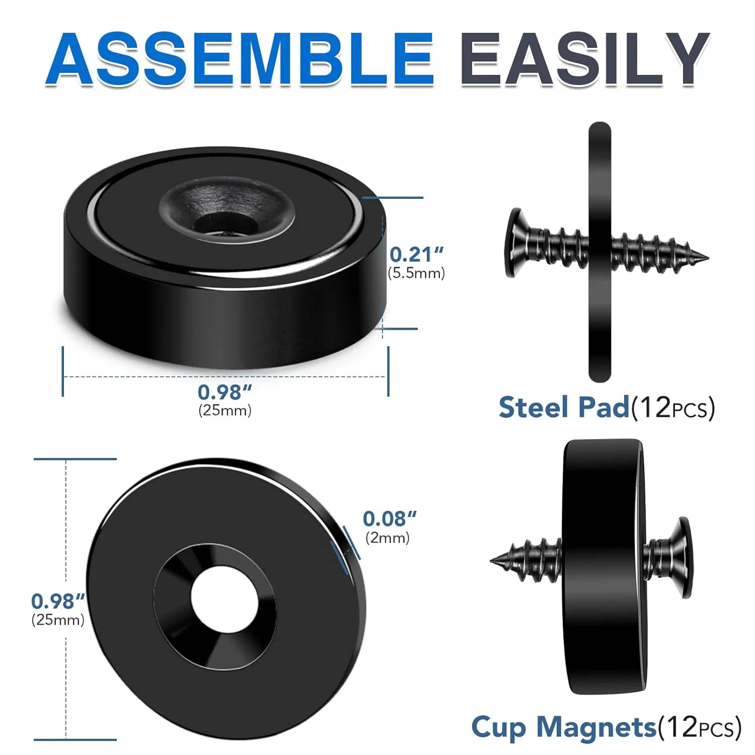 MIKEDE 12Pack Strong Neodymium Cup Magnets, 70Lbs  Force Heavy Duty Black Round Base Cup Magnets with Countersunk Hole, Powerful Industrial Rare Earth Magnets with Screw for Mounting, 0.98x0.22inch