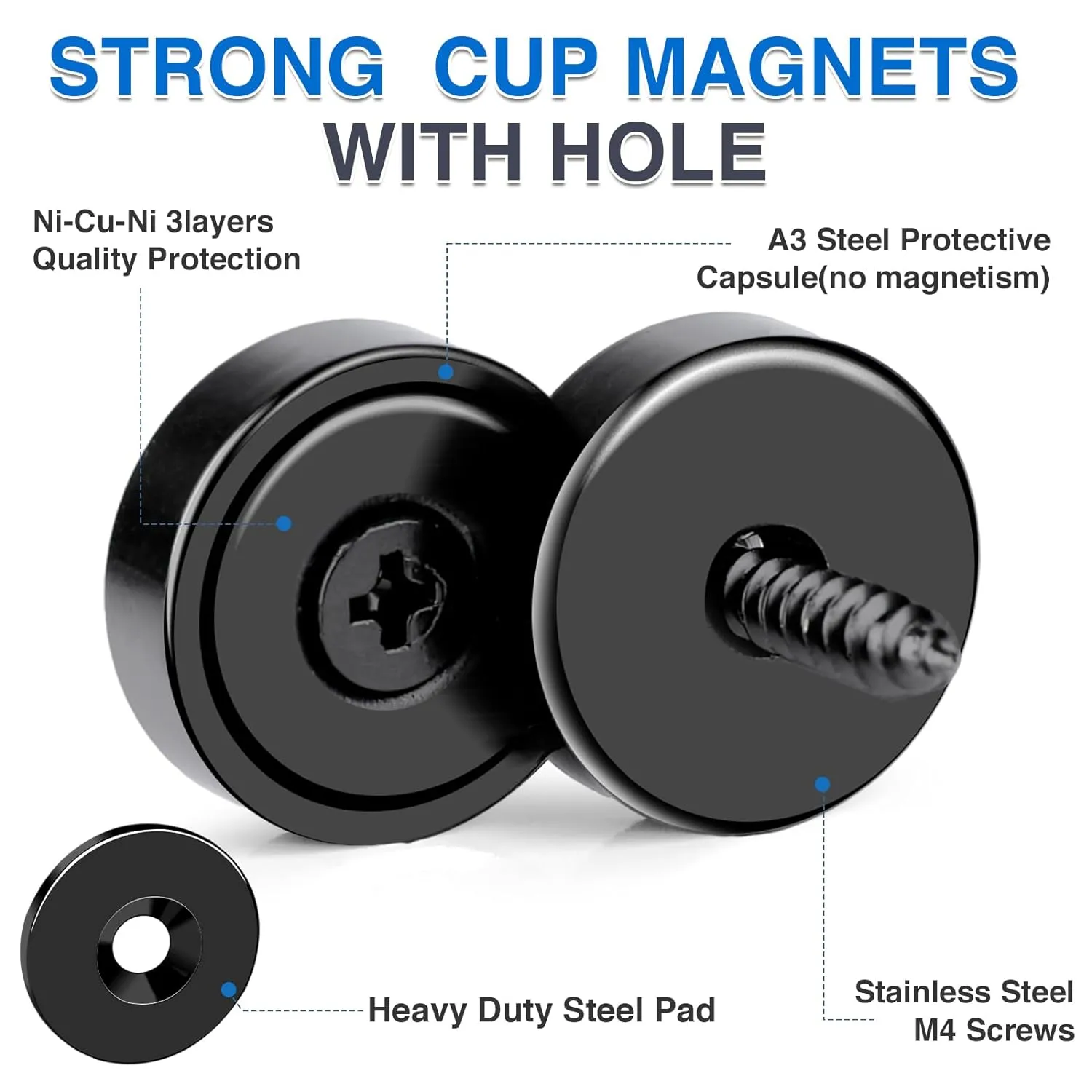 MIKEDE 12Pack Strong Neodymium Cup Magnets, 70Lbs  Force Heavy Duty Black Round Base Cup Magnets with Countersunk Hole, Powerful Industrial Rare Earth Magnets with Screw for Mounting, 0.98x0.22inch