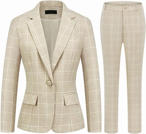 MODFUL Women's 2 Piece Business Plaid Suit Set Office One Button Slim Fit Blazer with Pant