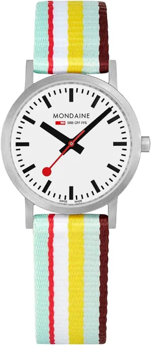 Mondaine - Classic A658.30323.16SBK Womens Watch 30mm - Official Swiss Railways Wrist Watch Mulitcolored Textile Strap 30m Waterproof Red Second Hand - Womans Watches - Made in Switzerland
