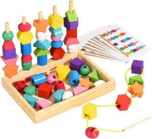 Montessori Bead Sequencing Set for Kids, Wooden Lacing Beads Toys for Toddlers, Matching Color Shape Stacker for 2 3 4 5 Years Old, Preschool Learning Educational Toys Gifts