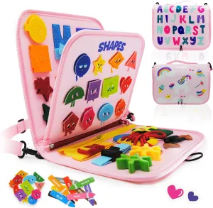 Montessori Busy Board – Toddler Preschool Learning Fun with Basic Dress Motor Skills, Alphabet Numbers, Ideal Educational Activity Developing & Travel Toys for Kids, Age 3 & Up Yrs (Pink Unicorn)