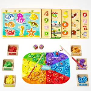 Montessori Educational Toys Bundle for Toddlers 2-4, Wooden Peg Puzzles & Magnetic Fishing Game, Learning Educational Toys with Alphabet Numbers Shapes Puzzle for Girls Boys 2 3 4 5