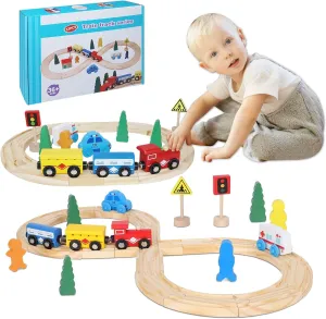 Montessori Train Sets for Toddlers 33Pcs Wooden Tracks Fits Brio IKEA Thomas Melissa and Doug, Educational STEM Gift Train Toy for Kids 3 4 5 6 Years Old Girls & Boys