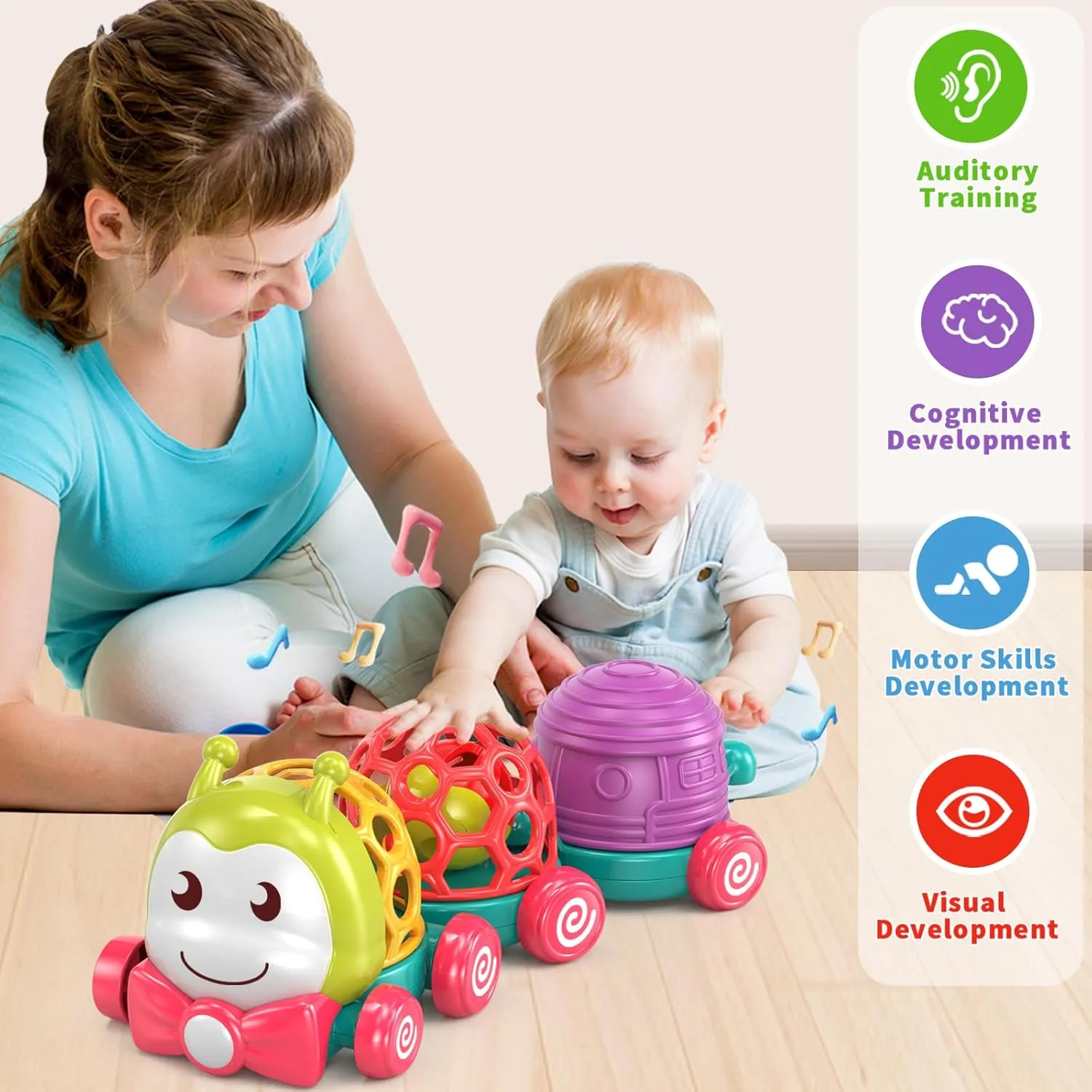 MOONTOY Caterpillar Car Toys for Babies 6-12 Months, Infant Musical Push & Go Crawling Toy for Toddler Sensory Soft Developmental Grasp Baby Toy Car for 7 8 9 10 11 18 Month 1 Year Old Boys Girls Gift