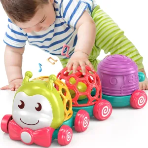 MOONTOY Caterpillar Car Toys for Babies 6-12 Months, Infant Musical Push & Go Crawling Toy for Toddler Sensory Soft Developmental Grasp Baby Toy Car for 7 8 9 10 11 18 Month 1 Year Old Boys Girls Gift