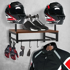 Motorcycle Helmet Holder Wall Mount, Gear Storage Rack with 4 Glove Clips, Wood and Metal Helmet Stand