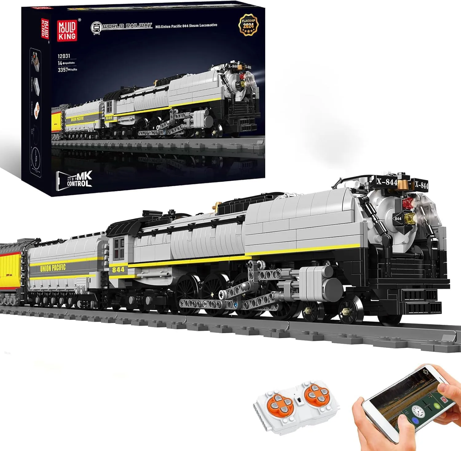 Mould King Train Building Block Kit - UP844 Steam Locomotive Train Set with LED Lighting/Motors/Track, Remote Control/APP, 3357 PCS