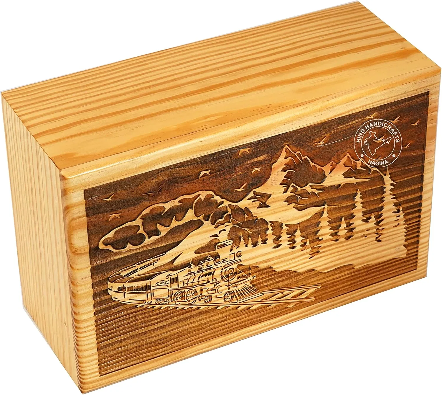 Mountain Train Wooden Cremation Urn for Adult Ashes – Large 250 LB Capacity – Handcrafted Pine Wood Funeral Memorial Box for Burial or Columbarium