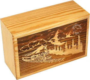 Mountain Train Wooden Cremation Urn for Adult Ashes – Large 250 LB Capacity – Handcrafted Pine Wood Funeral Memorial Box for Burial or Columbarium