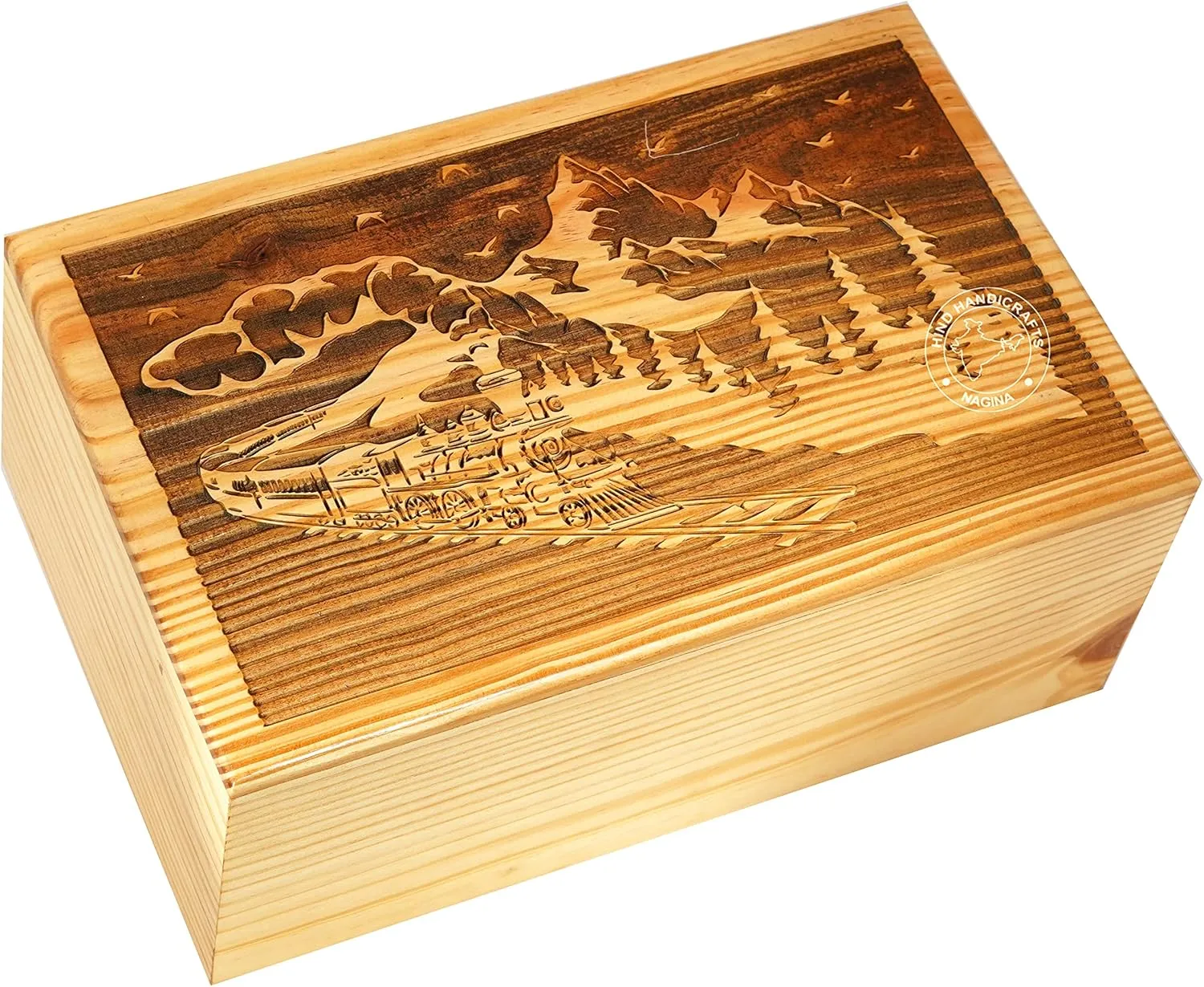 Mountain Train Wooden Cremation Urn for Adult Ashes – Large 250 LB Capacity – Handcrafted Pine Wood Funeral Memorial Box for Burial or Columbarium