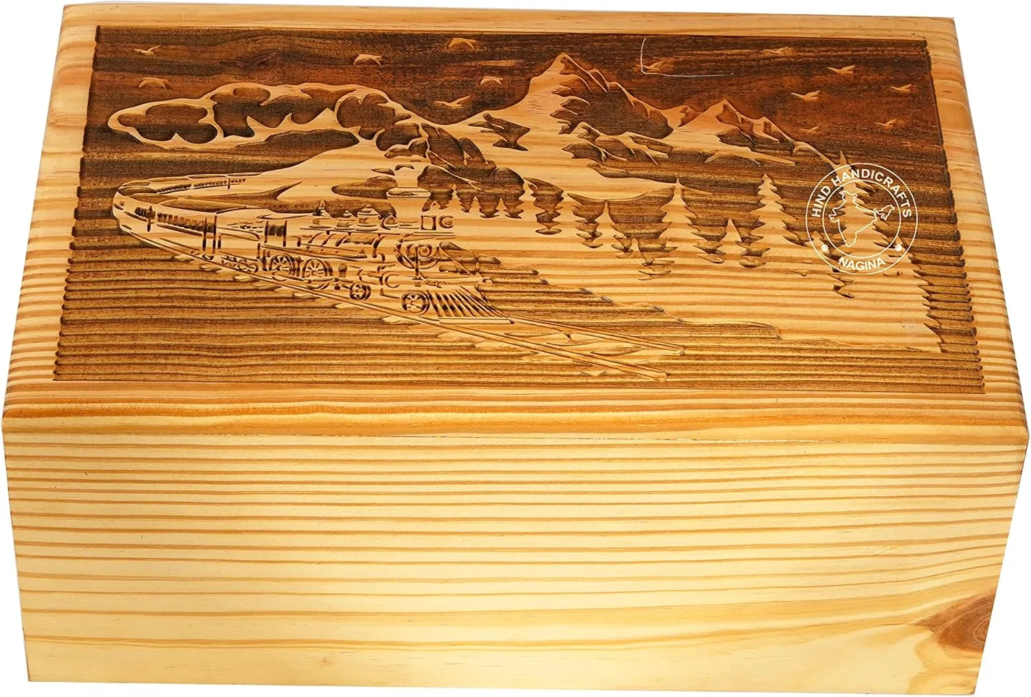 Mountain Train Wooden Cremation Urn for Adult Ashes – Large 250 LB Capacity – Handcrafted Pine Wood Funeral Memorial Box for Burial or Columbarium