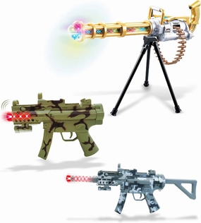Mozlly Military Combat Force Light Up LED Toy Gun Set of 3 – 1 Gatling Revolving Gun, 2 Camouflage Machine Guns with Sounds and Lights – Pretend Play Dress Up Costume Accessories - Colors May Vary