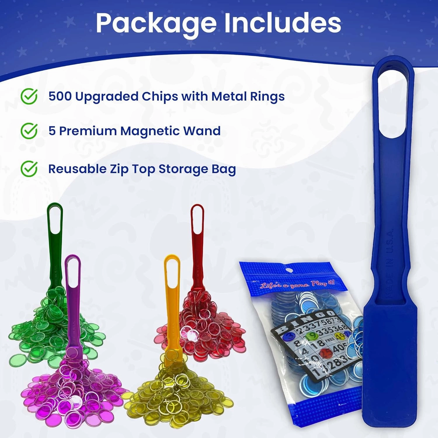 MR CHIPS Made in USA Magnetic Wands and 3/4 Inch Plastic Chips with Metal Rings - Pack of 4 5 6 7 Reusable Bag