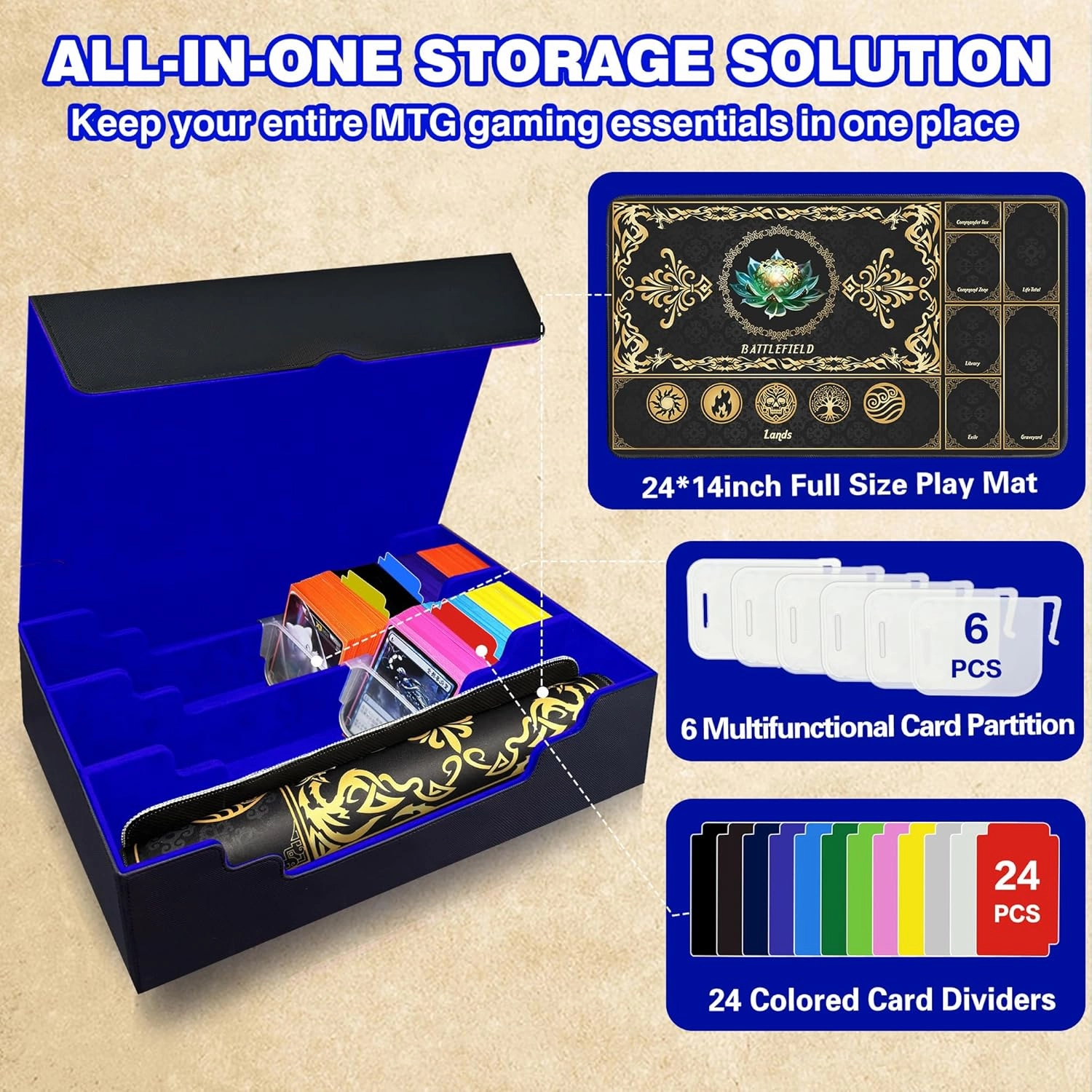 MTG Commander Deck Case with Playmat, 3-Row Trading Card Storage Box Fits 3000  Cards, 6 Movable Partitions 24 Dividers PU Leather Magnetic Closure, Magic/TCG/YuGiOh/Sport (Black&Blue)