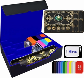 MTG Commander Deck Case with Playmat, 3-Row Trading Card Storage Box Fits 3000  Cards, 6 Movable Partitions 24 Dividers PU Leather Magnetic Closure, Magic/TCG/YuGiOh/Sport (Black&Blue)