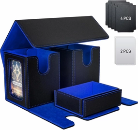 MTG Deck Box, 3-in-1 Leather Magnetic Case with Dice Tray, 2 Commander Displays & 4 Dividers, Removable Commander Deck Box Fits 200 Double-Sleeved Cards for TCG, CCG (Black-Blue)