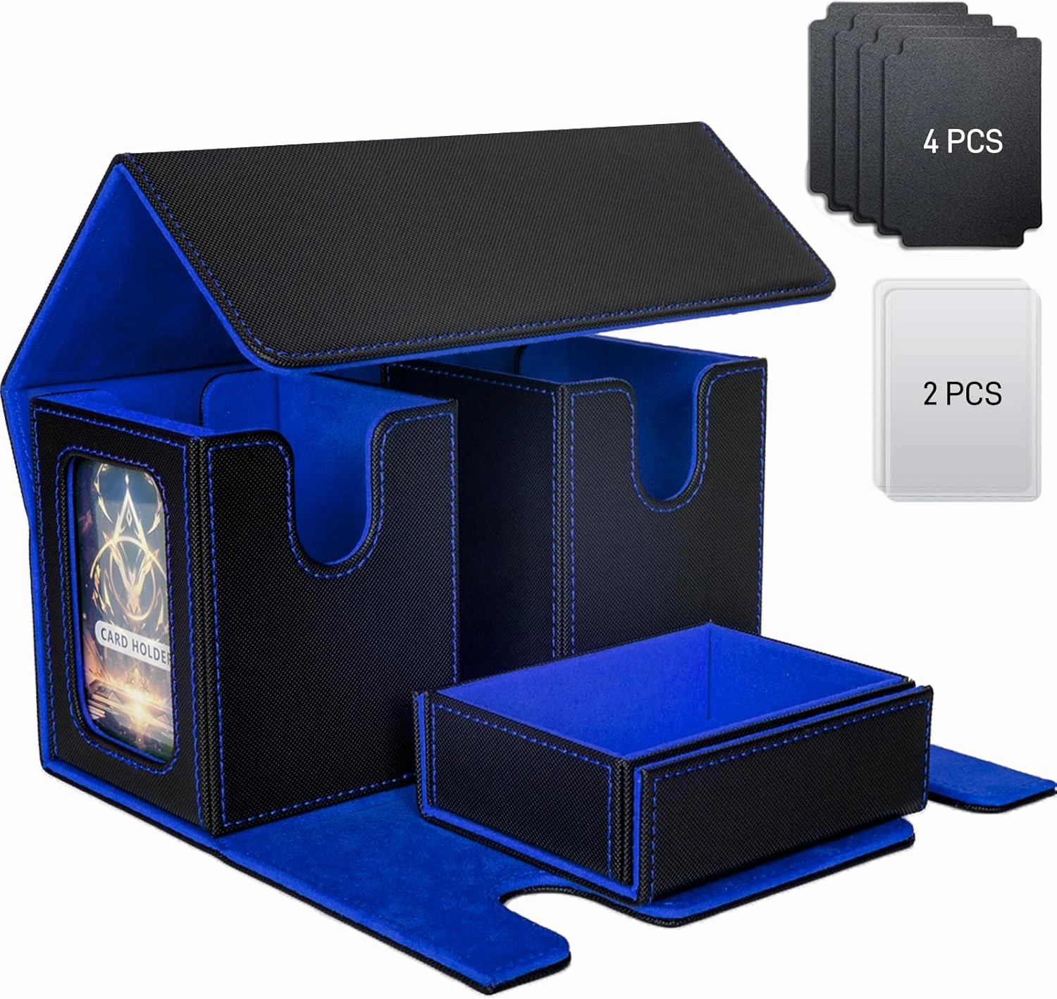 MTG Deck Box, 3-in-1 Leather Magnetic Case with Dice Tray, 2 Commander Displays & 4 Dividers, Removable Commander Deck Box Fits 200 Double-Sleeved Cards for TCG, CCG (Black-Blue)