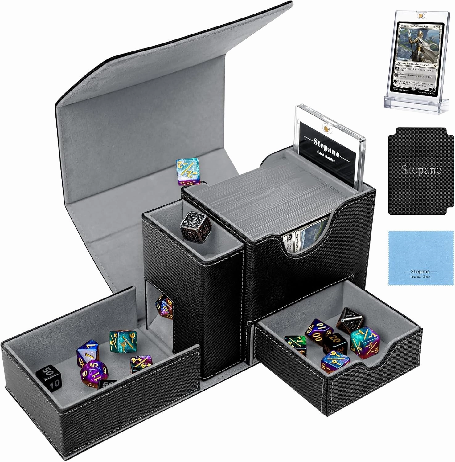 MTG Deck Box, Dice Tray&Tower 2 in 1 MTG Commander Deck Box Fits 120  Single Sleeved Cards, Leather Magnetic Closure Box with Magnetic Card Holders&Base for TCG, CCG, Black/Grey