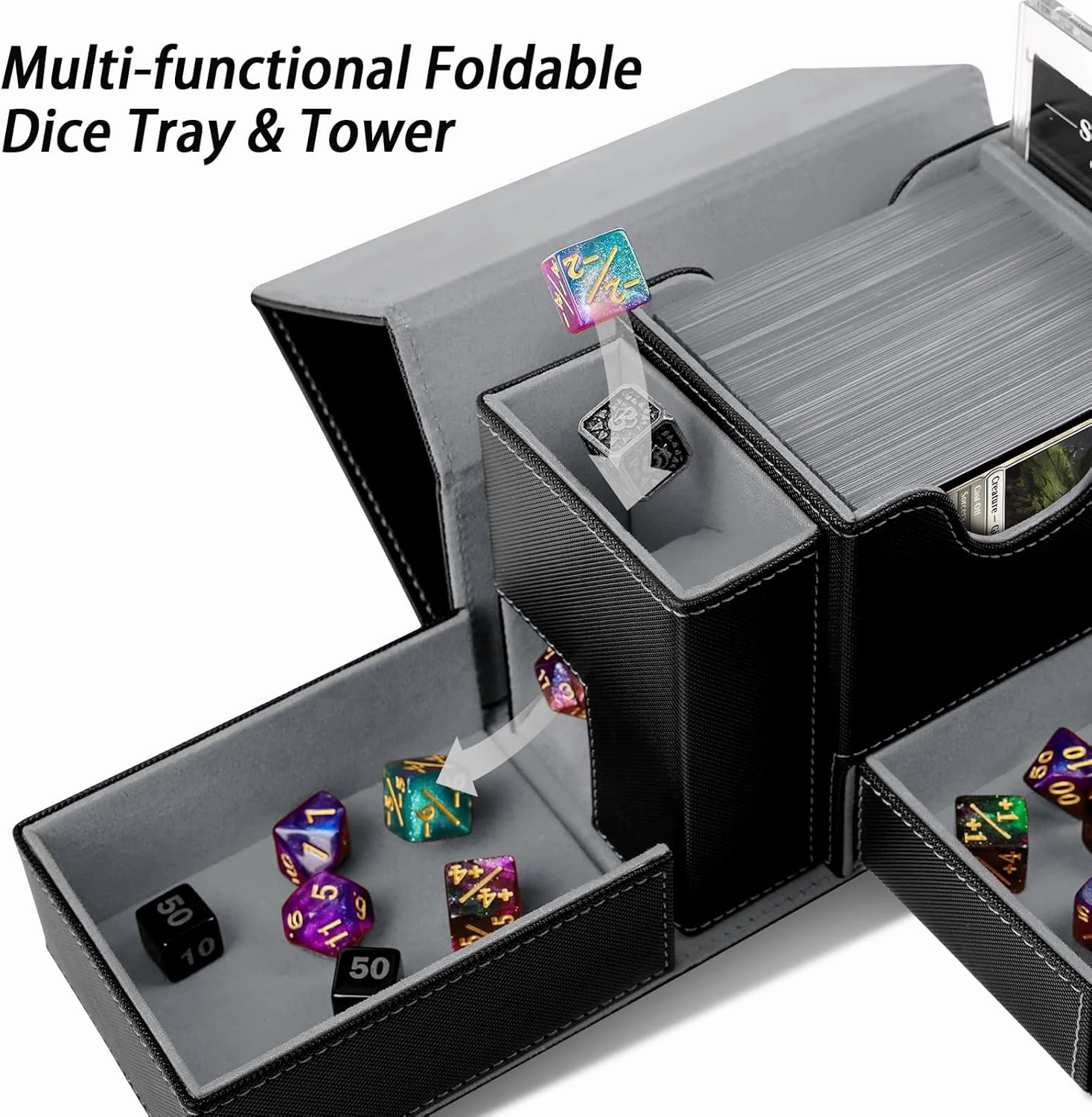 MTG Deck Box, Dice Tray&Tower 2 in 1 MTG Commander Deck Box Fits 120  Single Sleeved Cards, Leather Magnetic Closure Box with Magnetic Card Holders&Base for TCG, CCG, Black/Grey