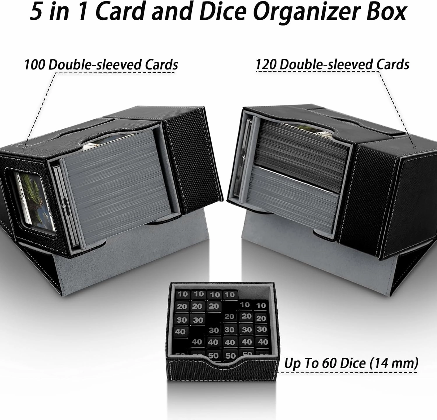MTG Deck Box, Dice Tray&Tower 2 in 1 MTG Commander Deck Box Fits 120  Single Sleeved Cards, Leather Magnetic Closure Box with Magnetic Card Holders&Base for TCG, CCG, Black/Grey