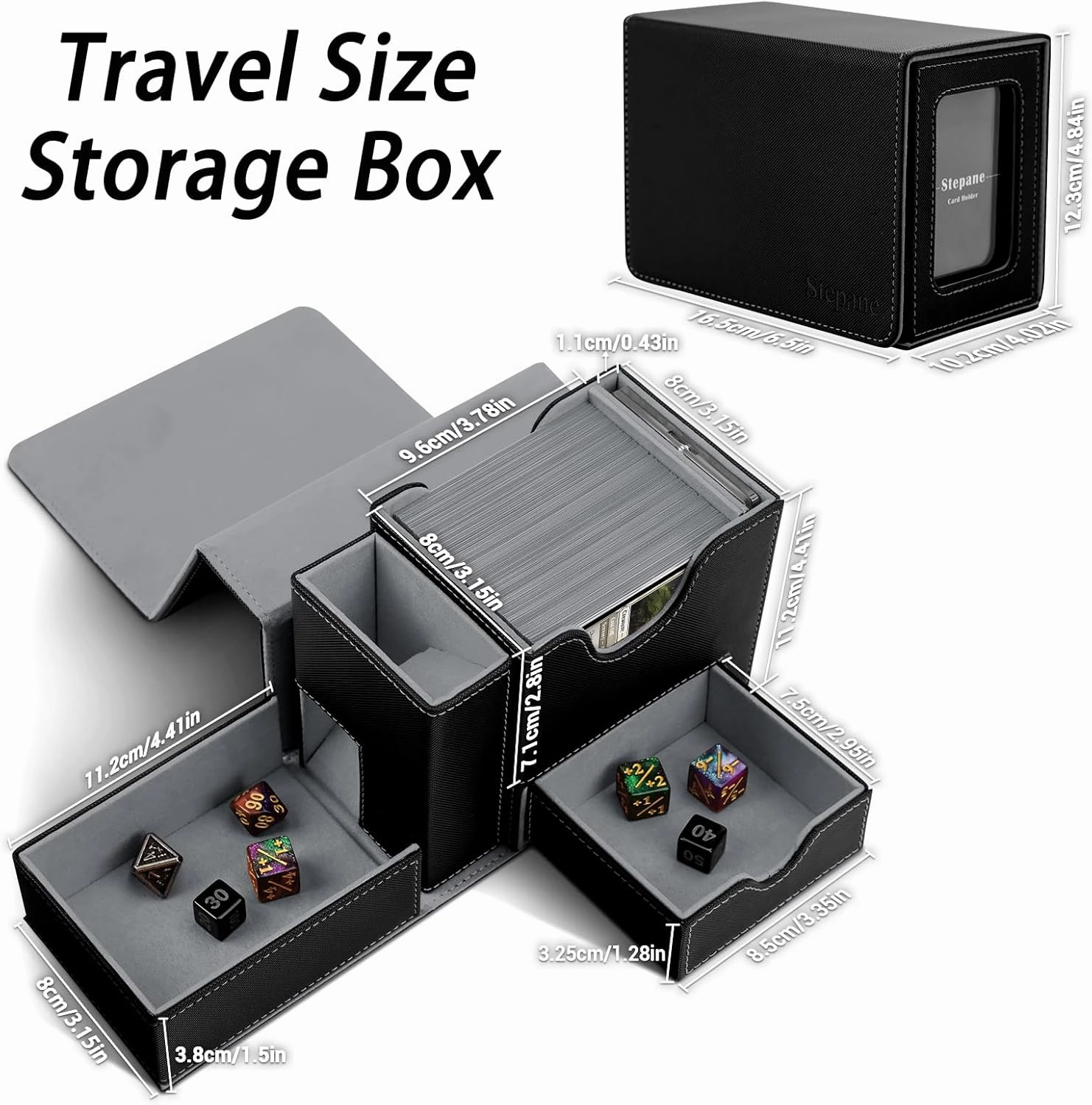 MTG Deck Box, Dice Tray&Tower 2 in 1 MTG Commander Deck Box Fits 120  Single Sleeved Cards, Leather Magnetic Closure Box with Magnetic Card Holders&Base for TCG, CCG, Black/Grey