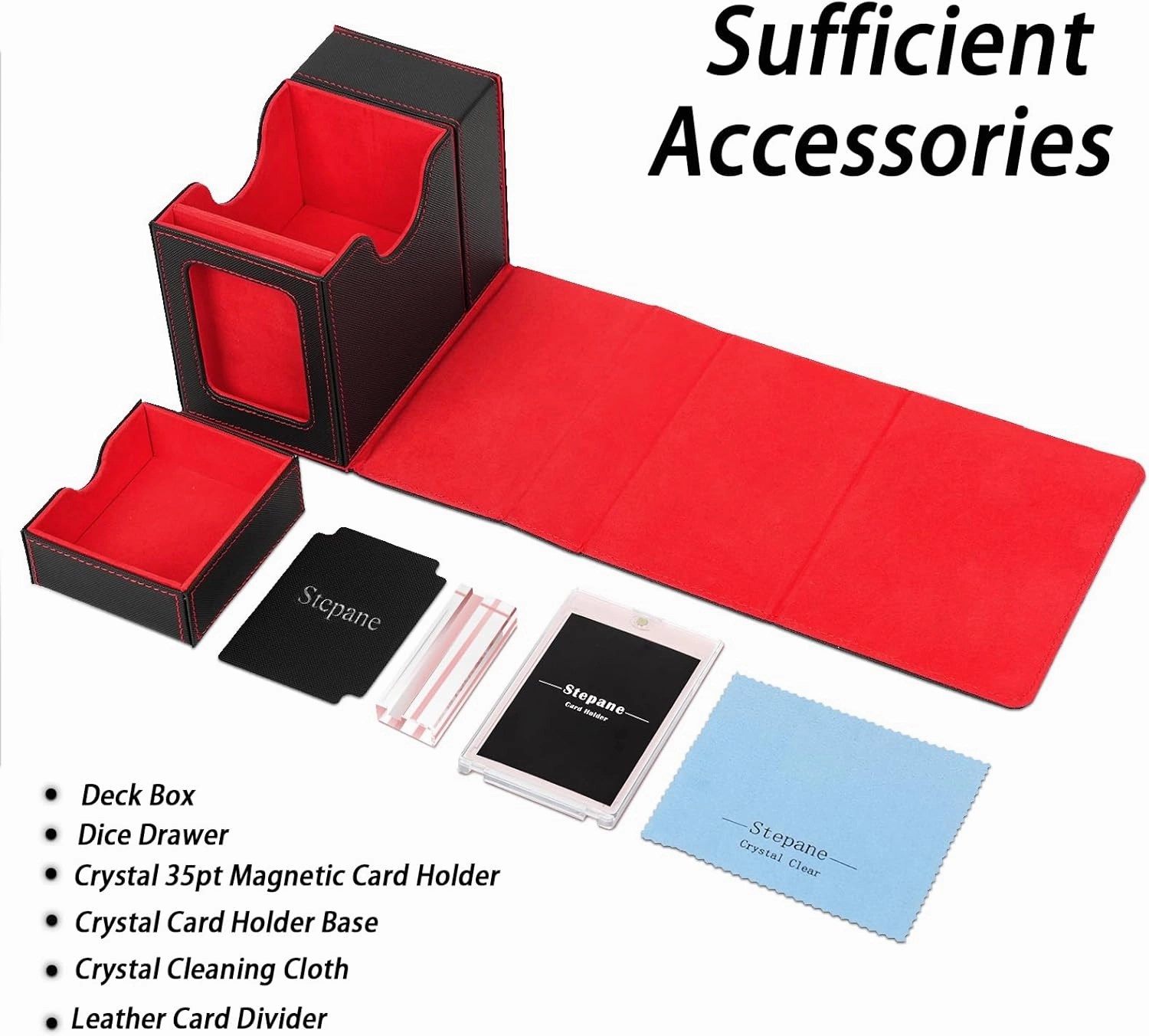 MTG Deck Box, Dice Tray&Tower 2 in 1 MTG Commander Deck Box Fits 120  Single Sleeved Cards, Leather Magnetic Closure Box with Magnetic Card Holders&Base for TCG, CCG, Black/Red