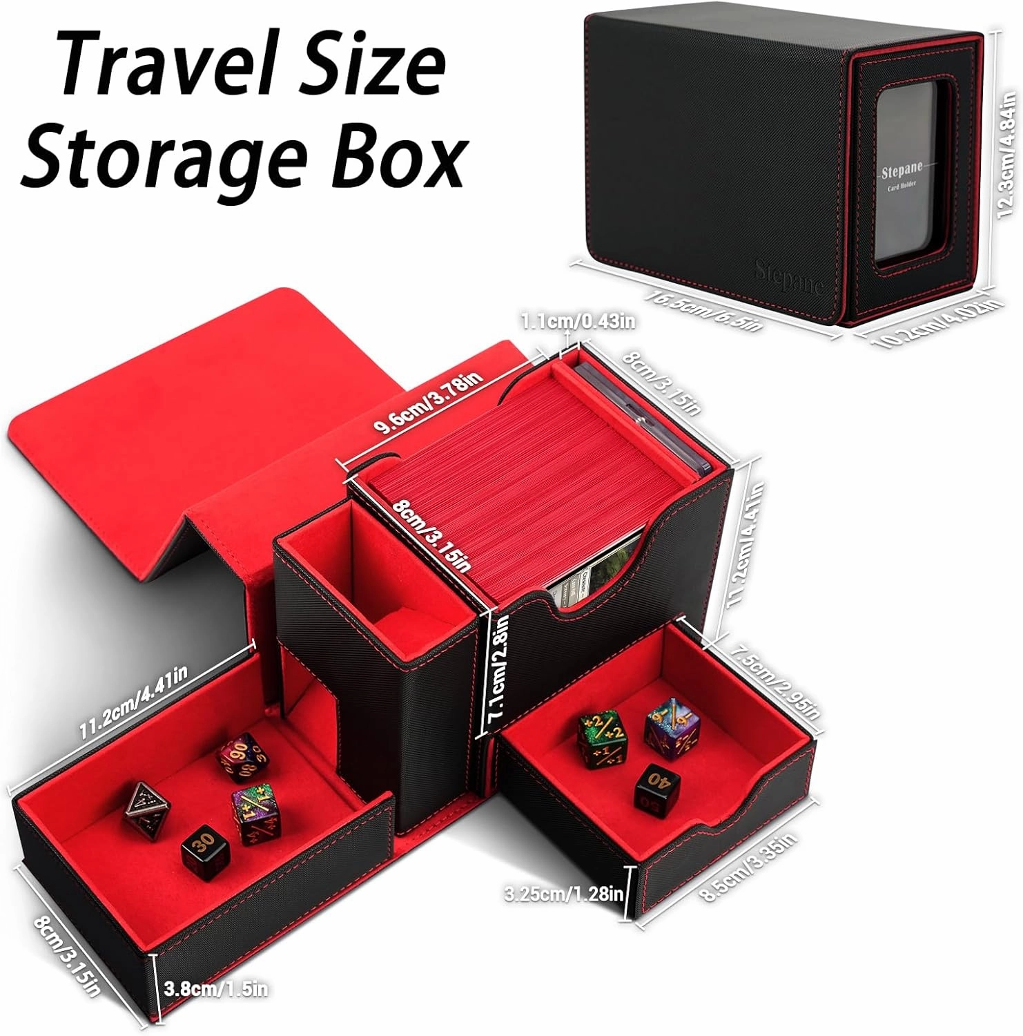 MTG Deck Box, Dice Tray&Tower 2 in 1 MTG Commander Deck Box Fits 120  Single Sleeved Cards, Leather Magnetic Closure Box with Magnetic Card Holders&Base for TCG, CCG, Black/Red