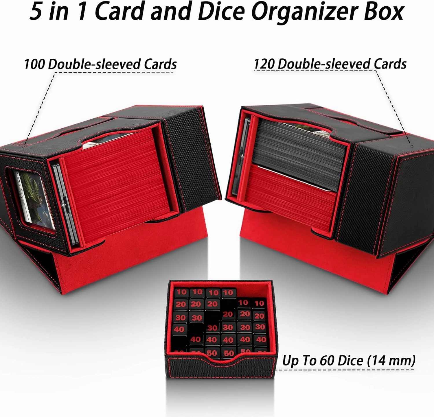 MTG Deck Box, Dice Tray&Tower 2 in 1 MTG Commander Deck Box Fits 120  Single Sleeved Cards, Leather Magnetic Closure Box with Magnetic Card Holders&Base for TCG, CCG, Black/Red