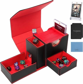 MTG Deck Box, Dice Tray&Tower 2 in 1 MTG Commander Deck Box Fits 120  Single Sleeved Cards, Leather Magnetic Closure Box with Magnetic Card Holders&Base for TCG, CCG, Black/Red
