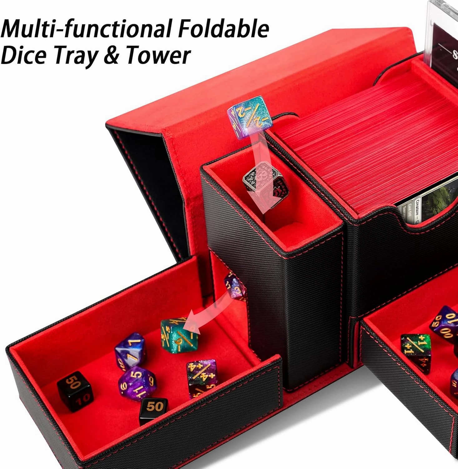 MTG Deck Box, Dice Tray&Tower 2 in 1 MTG Commander Deck Box Fits 120  Single Sleeved Cards, Leather Magnetic Closure Box with Magnetic Card Holders&Base for TCG, CCG, Black/Red