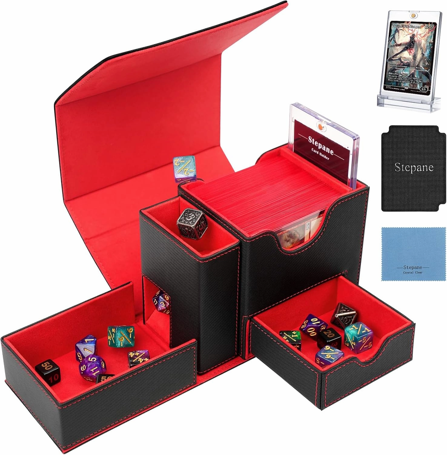 MTG Deck Box, Dice Tray&Tower 2 in 1 MTG Commander Deck Box Fits 120  Single Sleeved Cards, Leather Magnetic Closure Box with Magnetic Card Holders&Base for TCG, CCG, Black/Red