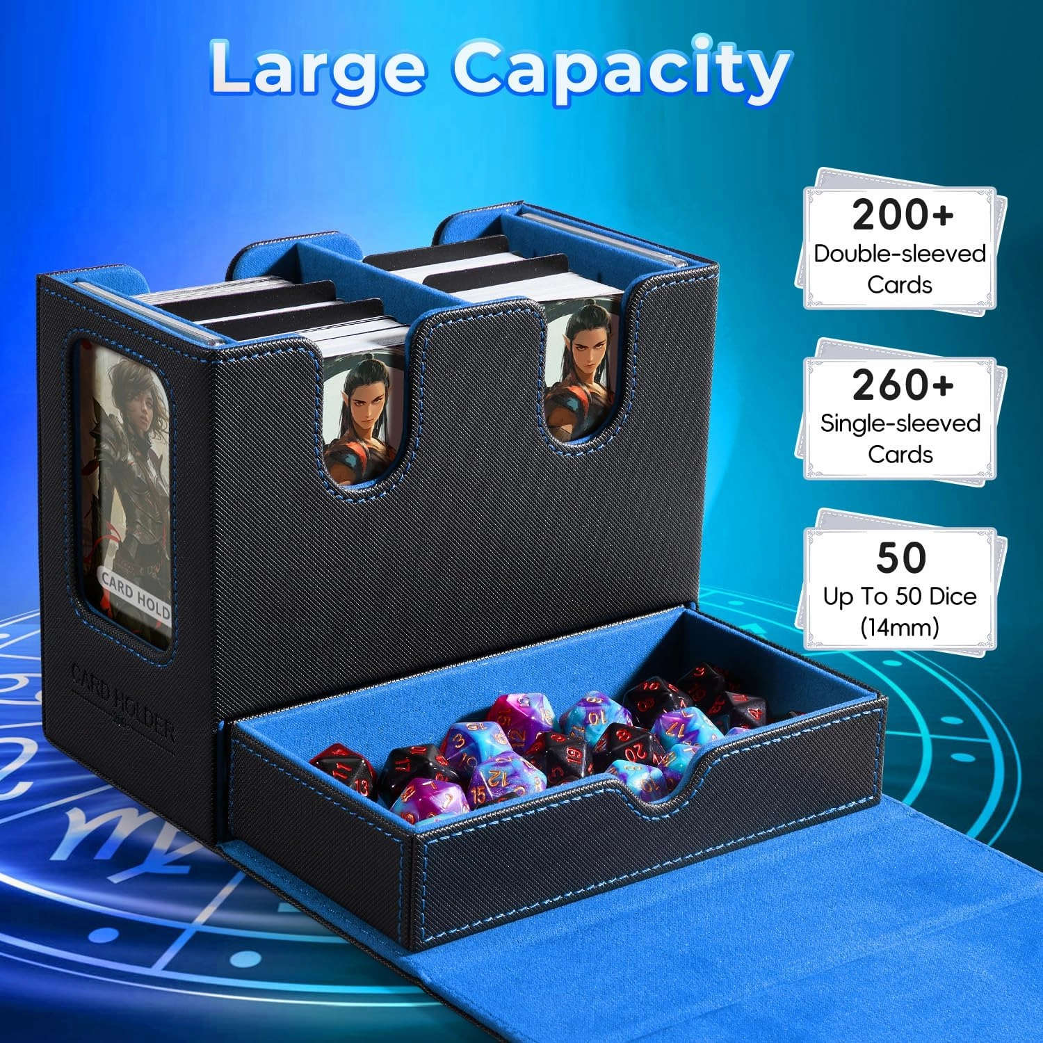 Mtg deck box for Commander Deck Box with Dice Tray Fits 230 Cards, 4 in 1 for Magic TCG CCG Deck Card Boxes Case Storage, Includes 4 Dividers & 2 Toploaders Trading Deck Box,Black/Blue