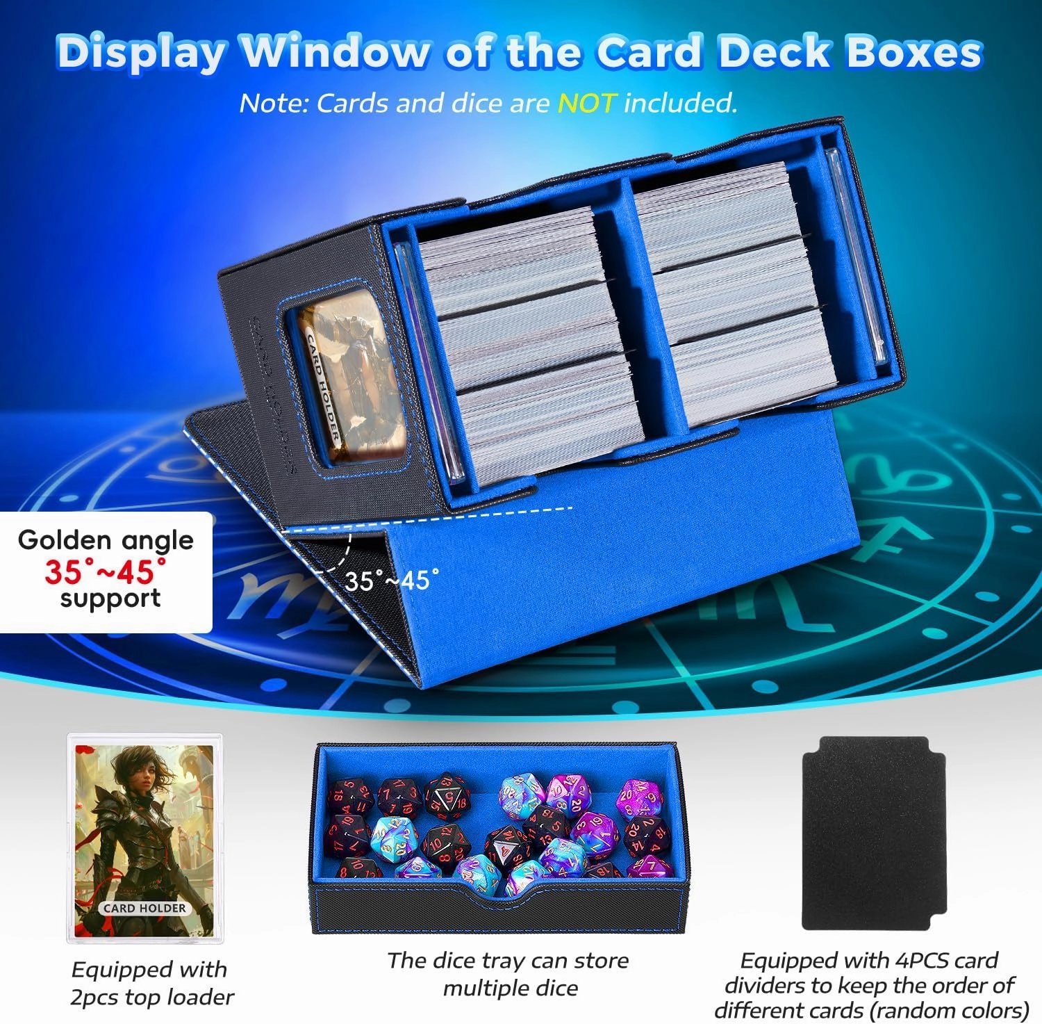 Mtg deck box for Commander Deck Box with Dice Tray Fits 230 Cards, 4 in 1 for Magic TCG CCG Deck Card Boxes Case Storage, Includes 4 Dividers & 2 Toploaders Trading Deck Box,Black/Blue