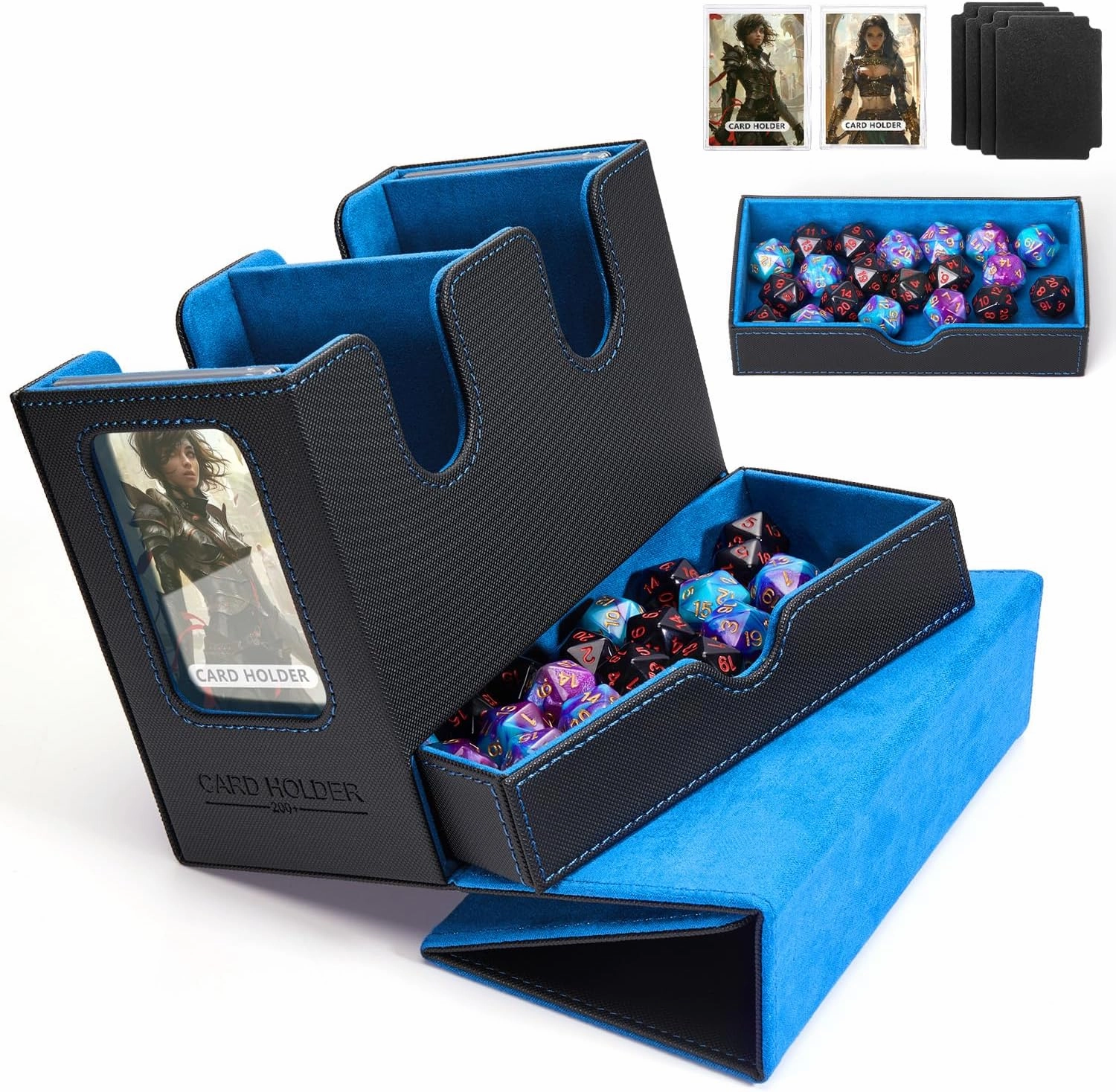 Mtg deck box for Commander Deck Box with Dice Tray Fits 230 Cards, 4 in 1 for Magic TCG CCG Deck Card Boxes Case Storage, Includes 4 Dividers & 2 Toploaders Trading Deck Box,Black/Blue