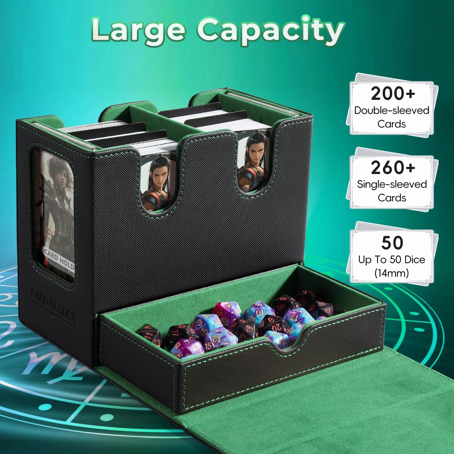 Mtg deck box for Commander Deck Box with Dice Tray Fits 230 Cards, 4 in 1 for Magic TCG CCG Deck Card Boxes Case Storage, Includes 4 Dividers Trading Deck Box, Black/Green