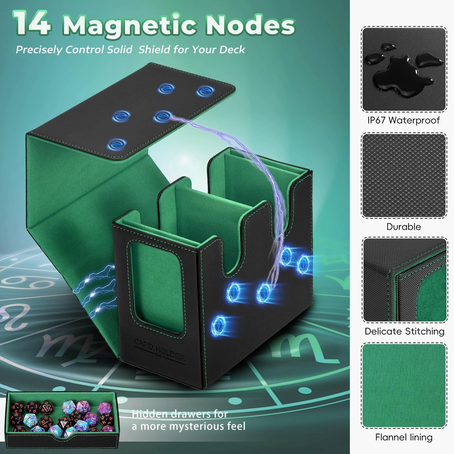 Mtg deck box for Commander Deck Box with Dice Tray Fits 230 Cards, 4 in 1 for Magic TCG CCG Deck Card Boxes Case Storage, Includes 4 Dividers Trading Deck Box, Black/Green