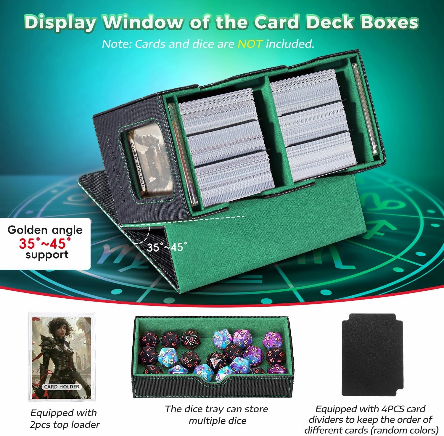 Mtg deck box for Commander Deck Box with Dice Tray Fits 230 Cards, 4 in 1 for Magic TCG CCG Deck Card Boxes Case Storage, Includes 4 Dividers Trading Deck Box, Black/Green