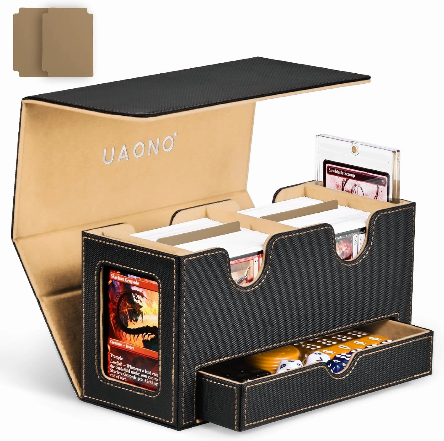MTG Deck Box with 2 Commander Display and Dice Tray-Patented Design, Double Deck Box for 280  Single Sleeved Cards, Leather Magnetic Card Storage Box Fits for TCG CCG Magic Cards (Black&Khaki)