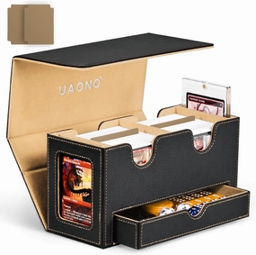 MTG Deck Box with 2 Commander Display and Dice Tray-Patented Design, Double Deck Box for 280  Single Sleeved Cards, Leather Magnetic Card Storage Box Fits for TCG CCG Magic Cards (Black&Khaki)